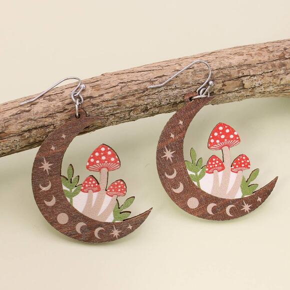 Natural Mystic Wood Mushroom Moon Earrings - Picture 2 of 2